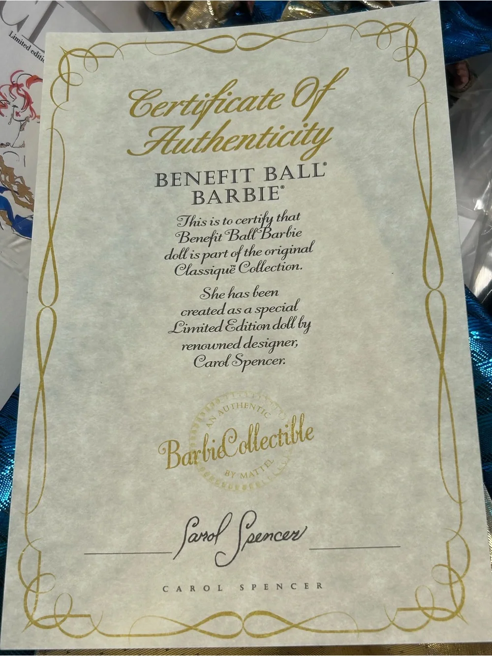 Mattel Benefit Ball Barbie Red Hair New In Box 1992 COA Carol Spencer Design